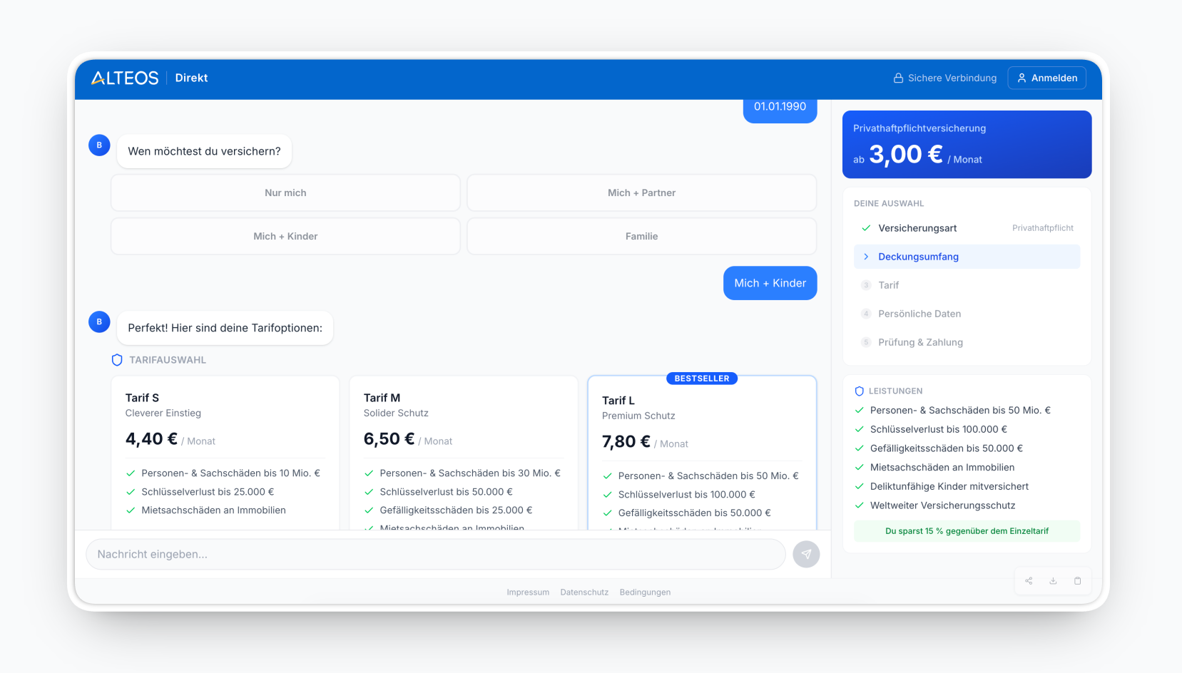 Alteos Direkt KI-Assistent Chat-Oberfläche